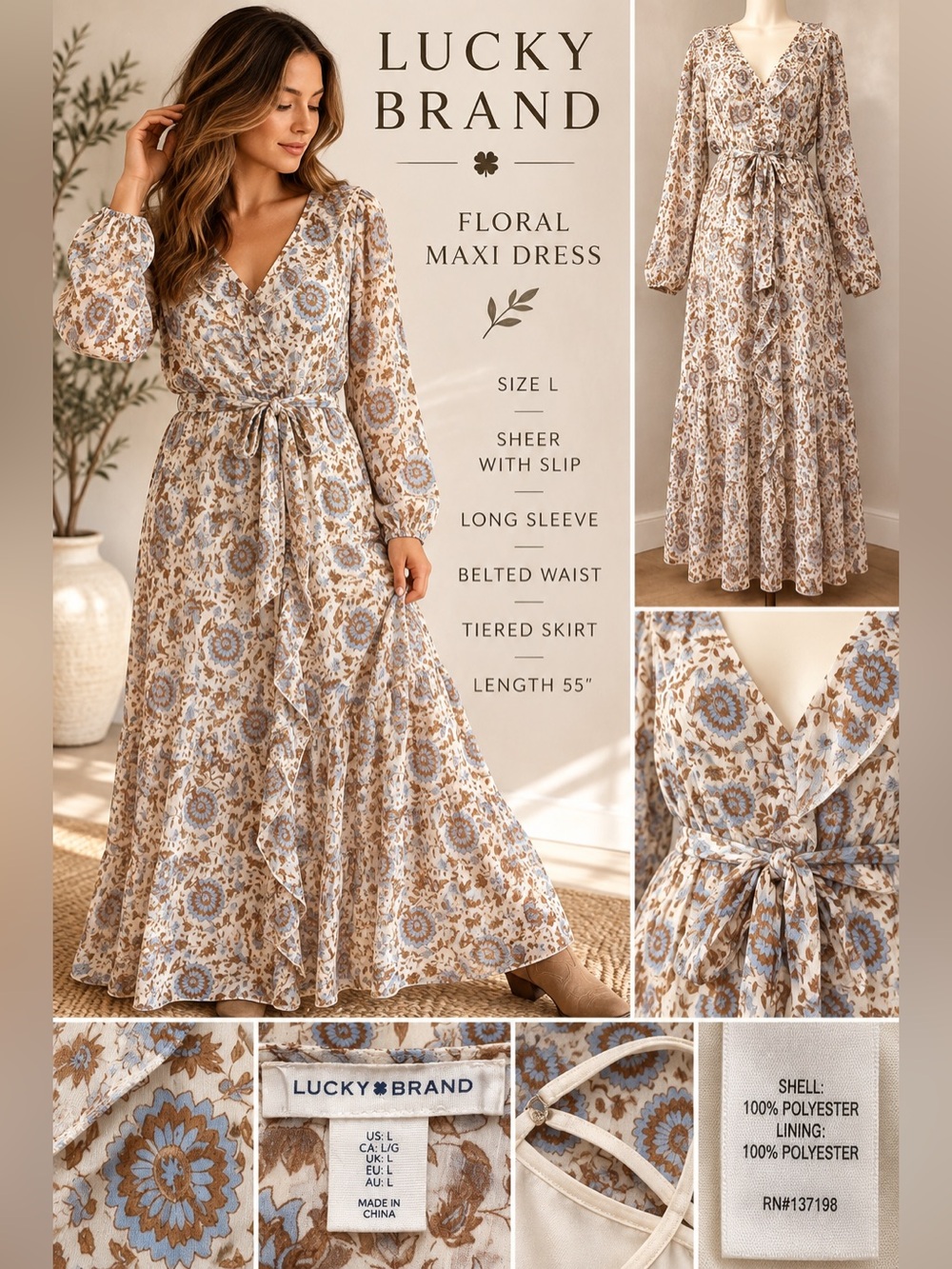 Lucky Brand Floral Maxi Dress Size L Sheer Boho Long Sleeve Belted + Slip dress
